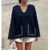 image:imagechouyatou Womens Casual Contrast Color Striped Pullover Tunic Sweater Knit Oversized Sweater with PocketNavy Blue