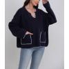 image:imagechouyatou Womens Casual Contrast Color Striped Pullover Tunic Sweater Knit Oversized Sweater with PocketNavy Blue