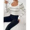 image:imagechouyatou Womens Color Block Striped Cropped Sweater Long Sleeve Scalloped Pullover Knit Jumper TopsBeige White