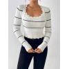 image:imagechouyatou Womens Color Block Striped Cropped Sweater Long Sleeve Scalloped Pullover Knit Jumper TopsBeige White