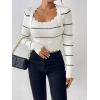 image:imagechouyatou Womens Color Block Striped Cropped Sweater Long Sleeve Scalloped Pullover Knit Jumper TopsBeige White