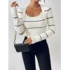 image:imagechouyatou Womens Color Block Striped Cropped Sweater Long Sleeve Scalloped Pullover Knit Jumper TopsBeige White