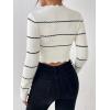 image:imagechouyatou Womens Color Block Striped Cropped Sweater Long Sleeve Scalloped Pullover Knit Jumper TopsBeige White