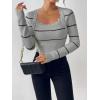 image:imagechouyatou Womens Color Block Striped Cropped Sweater Long Sleeve Scalloped Pullover Knit Jumper TopsGray