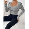 image:imagechouyatou Womens Color Block Striped Cropped Sweater Long Sleeve Scalloped Pullover Knit Jumper TopsGray