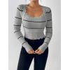 image:imagechouyatou Womens Color Block Striped Cropped Sweater Long Sleeve Scalloped Pullover Knit Jumper TopsGray