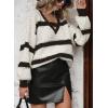 image:imagechouyatou Womens Contrast Color Striped Sweater Sexy VNeck Lantern Sleeve Pullover Jumper TopsDark Coffee