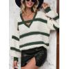 image:imagechouyatou Womens Contrast Color Striped Sweater Sexy VNeck Lantern Sleeve Pullover Jumper TopsGreen