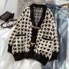 image:imagechouyatou Womens Cute Houndstooth Plaid Horn Button Color Block Knitted Cardigan Sweaters with PocketsBlack