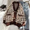 image:imagechouyatou Womens Cute Houndstooth Plaid Horn Button Color Block Knitted Cardigan Sweaters with PocketsCoffee