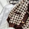 image:imagechouyatou Womens Cute Houndstooth Plaid Horn Button Color Block Knitted Cardigan Sweaters with PocketsCoffee