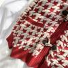 image:imagechouyatou Womens Cute Houndstooth Plaid Horn Button Color Block Knitted Cardigan Sweaters with PocketsRed