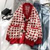 image:imagechouyatou Womens Cute Houndstooth Plaid Horn Button Color Block Knitted Cardigan Sweaters with PocketsRed