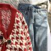 image:imagechouyatou Womens Cute Houndstooth Plaid Horn Button Color Block Knitted Cardigan Sweaters with PocketsRed