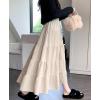 image:imagechouyatou Womens Elastic High Waist Velvet Skirt Cute Pleated A Line Flared Midi Tiered Skirt with BowknotApricot