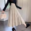 image:imagechouyatou Womens Elastic High Waist Velvet Skirt Cute Pleated A Line Flared Midi Tiered Skirt with BowknotApricot