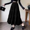 image:imagechouyatou Womens Elastic High Waist Velvet Skirt Cute Pleated A Line Flared Midi Tiered Skirt with BowknotBlack