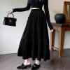 image:imagechouyatou Womens Elastic High Waist Velvet Skirt Cute Pleated A Line Flared Midi Tiered Skirt with BowknotBlack