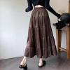 image:imagechouyatou Womens Elastic High Waist Velvet Skirt Cute Pleated A Line Flared Midi Tiered Skirt with BowknotBrown