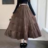 image:imagechouyatou Womens Elastic High Waist Velvet Skirt Cute Pleated A Line Flared Midi Tiered Skirt with BowknotBrown