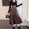 image:imagechouyatou Womens Elastic High Waist Velvet Skirt Cute Pleated A Line Flared Midi Tiered Skirt with BowknotBrown