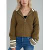 image:imagechouyatou Womens Fall Contrast Color Sweater Cardigan Sailor Collar Zip Up Cropped Cardigan JacketBrown