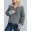 image:imagechouyatou Womens Fall Contrast Color Sweater Cardigan Sailor Collar Zip Up Cropped Cardigan JacketGrey