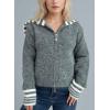 image:imagechouyatou Womens Fall Contrast Color Sweater Cardigan Sailor Collar Zip Up Cropped Cardigan JacketGrey