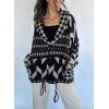 image:imagechouyatou Womens Fall Geometric Pattern Sweater Cardigan Shawl Collar Chunky Knit Coatigan with PocketsBlack