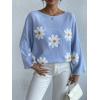 image:imagechouyatou Womens Floral Print Pullover Sweaters Cute Flower Embroidered Batwing Sleeve Loose Fit Cropped Sweater TopBlue
