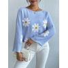 image:imagechouyatou Womens Floral Print Pullover Sweaters Cute Flower Embroidered Batwing Sleeve Loose Fit Cropped Sweater TopBlue