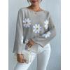 image:imagechouyatou Womens Floral Print Pullover Sweaters Cute Flower Embroidered Batwing Sleeve Loose Fit Cropped Sweater TopGray