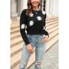image:imagechouyatou Womens Fuzzy Crewneck Cropped Sweater Cute Daisy Long Sleeve Sweater Pullover Jumper TopsBlack