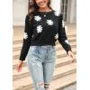 image:imagechouyatou Womens Fuzzy Crewneck Cropped Sweater Cute Daisy Long Sleeve Sweater Pullover Jumper TopsBlack