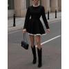 image:imagechouyatou Womens Long Sleeve Sweater Pleated Mini Dress Sexy Lace Trim A Line Flare Pullover Knit Short DressesBlack