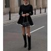 image:imagechouyatou Womens Long Sleeve Sweater Pleated Mini Dress Sexy Lace Trim A Line Flare Pullover Knit Short DressesBlack