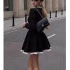 image:imagechouyatou Womens Long Sleeve Sweater Pleated Mini Dress Sexy Lace Trim A Line Flare Pullover Knit Short DressesBlack