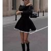 image:imagechouyatou Womens Long Sleeve Sweater Pleated Mini Dress Sexy Lace Trim A Line Flare Pullover Knit Short DressesBlack