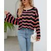 image:imagechouyatou Womens Oversized Striped Color Block Sweater Bell Long Sleeve Crochet Sweater Crop TopsBlack