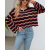 image:imagechouyatou Womens Oversized Striped Color Block Sweater Bell Long Sleeve Crochet Sweater Crop TopsBlack