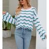 image:imagechouyatou Womens Oversized Striped Color Block Sweater Bell Long Sleeve Crochet Sweater Crop TopsGreen
