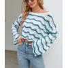 image:imagechouyatou Womens Oversized Striped Color Block Sweater Bell Long Sleeve Crochet Sweater Crop TopsGreen