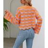 image:imagechouyatou Womens Oversized Striped Color Block Sweater Bell Long Sleeve Crochet Sweater Crop TopsOrange