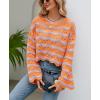 image:imagechouyatou Womens Oversized Striped Color Block Sweater Bell Long Sleeve Crochet Sweater Crop TopsOrange