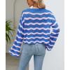 image:imagechouyatou Womens Oversized Striped Color Block Sweater Bell Long Sleeve Crochet Sweater Crop TopsPink Blue