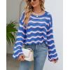 image:imagechouyatou Womens Oversized Striped Color Block Sweater Bell Long Sleeve Crochet Sweater Crop TopsPink Blue