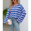 image:imagechouyatou Womens Oversized Striped Color Block Sweater Bell Long Sleeve Crochet Sweater Crop TopsPink Blue