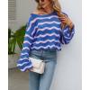 image:imagechouyatou Womens Oversized Striped Color Block Sweater Bell Long Sleeve Crochet Sweater Crop TopsPink Blue