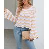 image:imagechouyatou Womens Oversized Striped Color Block Sweater Bell Long Sleeve Crochet Sweater Crop TopsYellow Brown