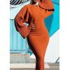 image:imagechouyatou Womens Sexy Bell Long Sleeve Sweater Dress Bodycon Ribbed Knit Maxi Pullover Sweater DressOrange Red